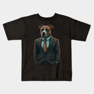 Suave and Successful: The Brown and White Pitbull in a Tailored Dark Suit - A Unique Marketing Design for the Modern Business Dog Kids T-Shirt